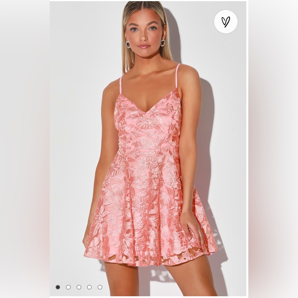 Lulu’s “Get the Party Started Pink Lace Mini Skater Dress” size small